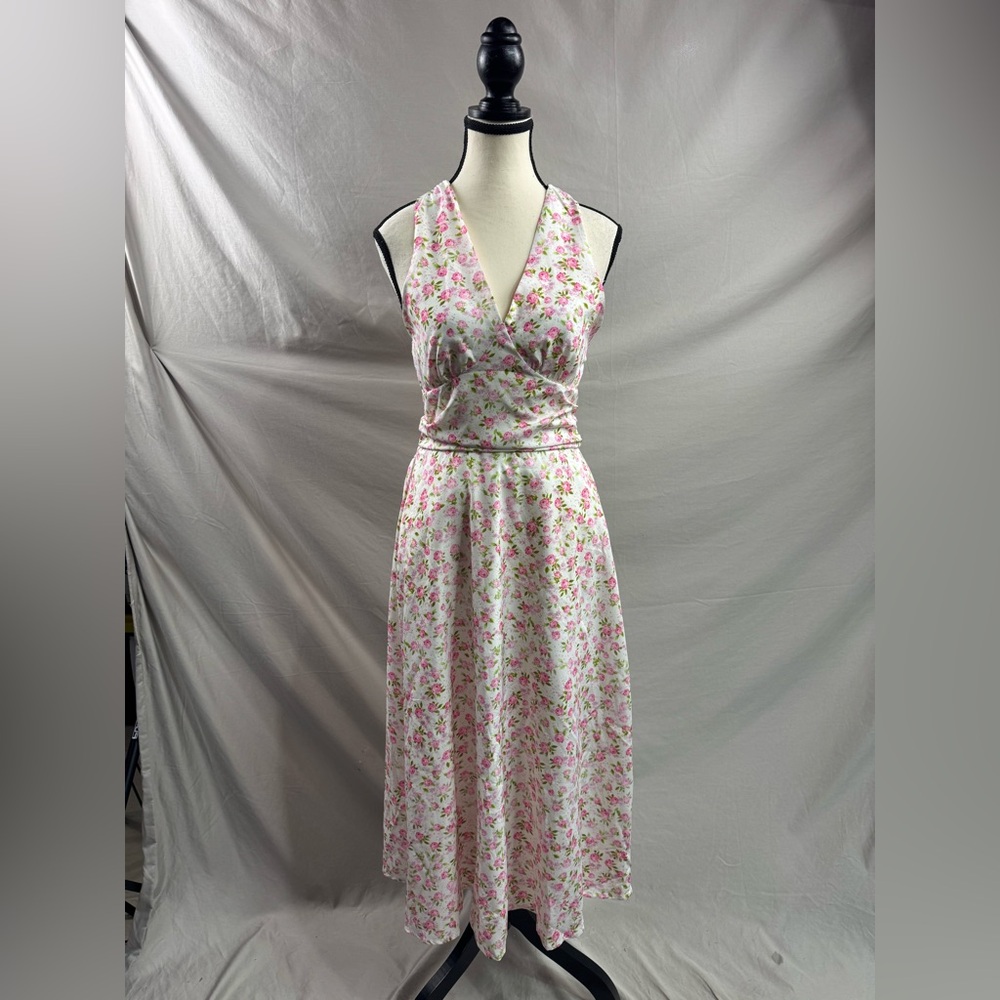 LAST ONE 🔥 White & Pink Rose Floral Halter Midi Dress - Picture 8 of 11